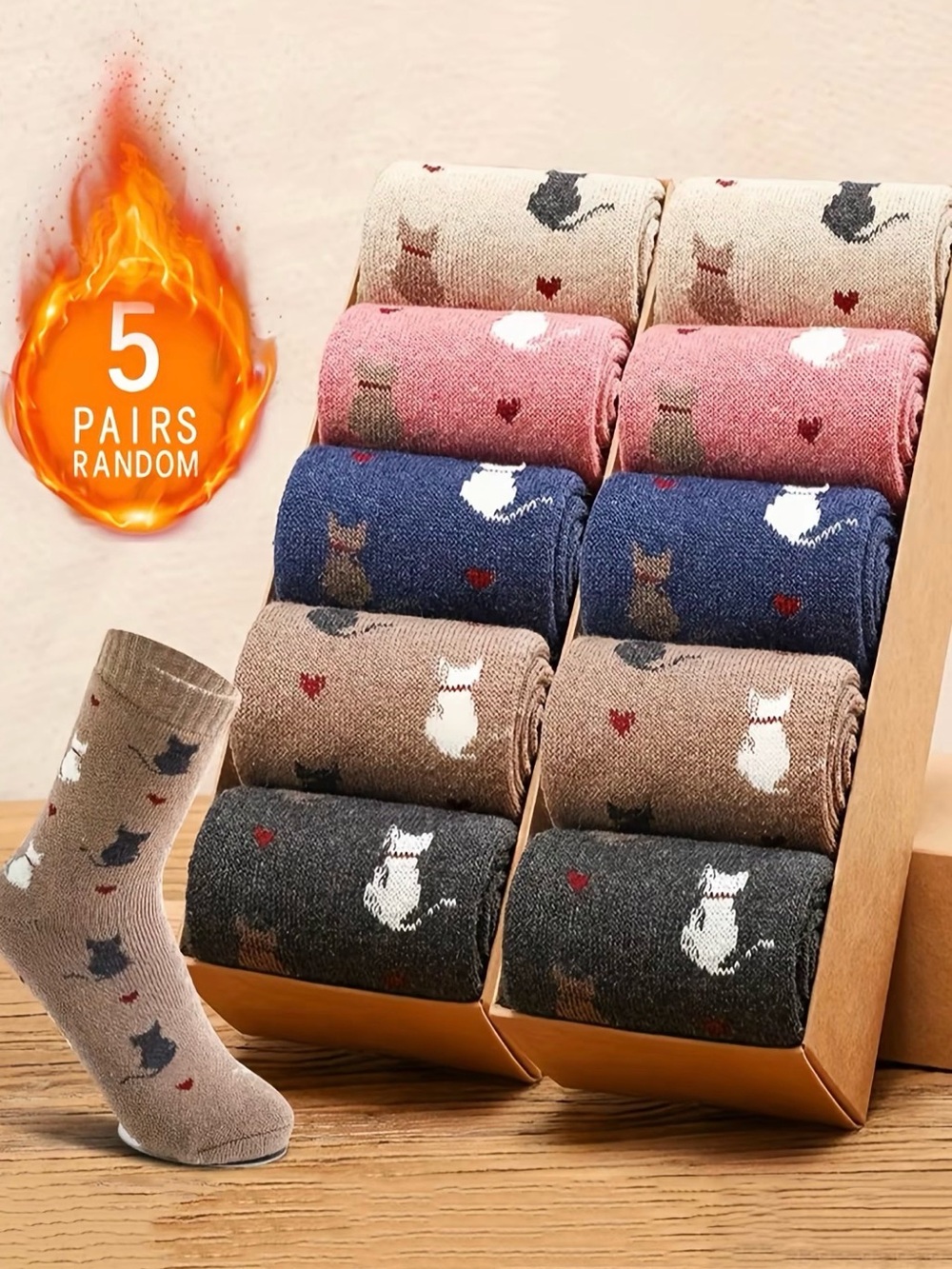 Cotton Crew Socks - Cat Pattern (Beige, Blue, Pink, Brown, Gray) Adult Size